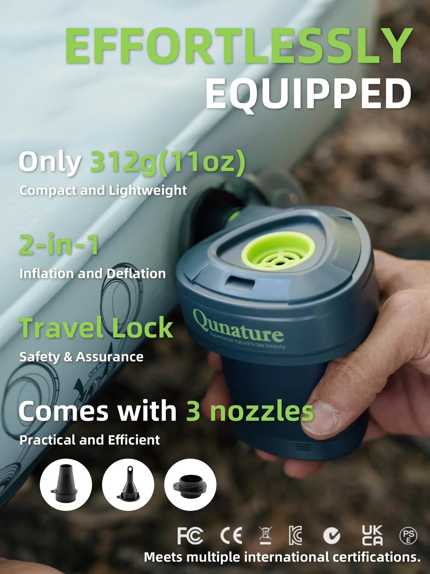 Qunature 5KPa Rechargeable Electric Air Pump with 3 Nozzles - Image 3