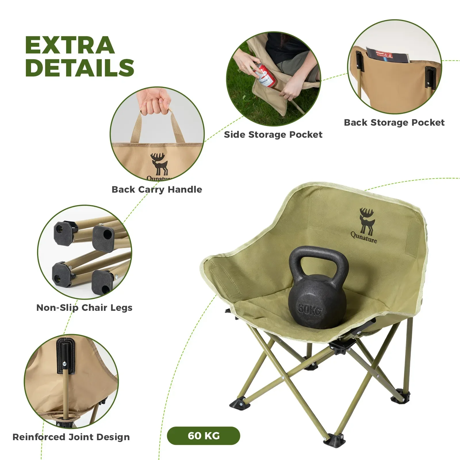 Qunature Folding Carbon Steel Camping Chair - Adult & Kids Sizes - Image 15