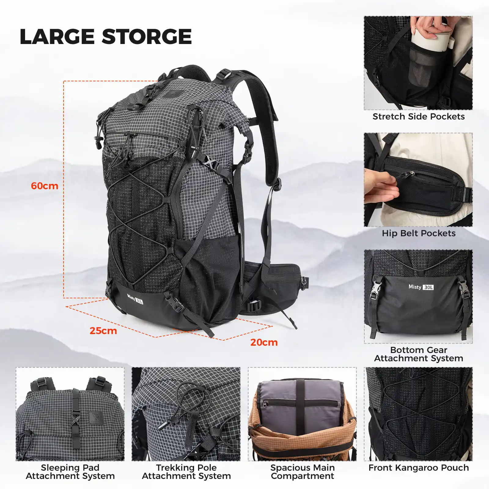 Qunature Waterproof Daypack Lightweight Hiking Backpack 30-35L - Image 5
