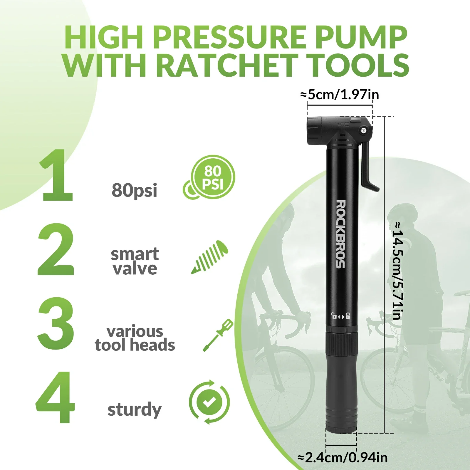 Mini Bike Pump with 8-in-1 Ratchet Tool 80 PSI - Image 3