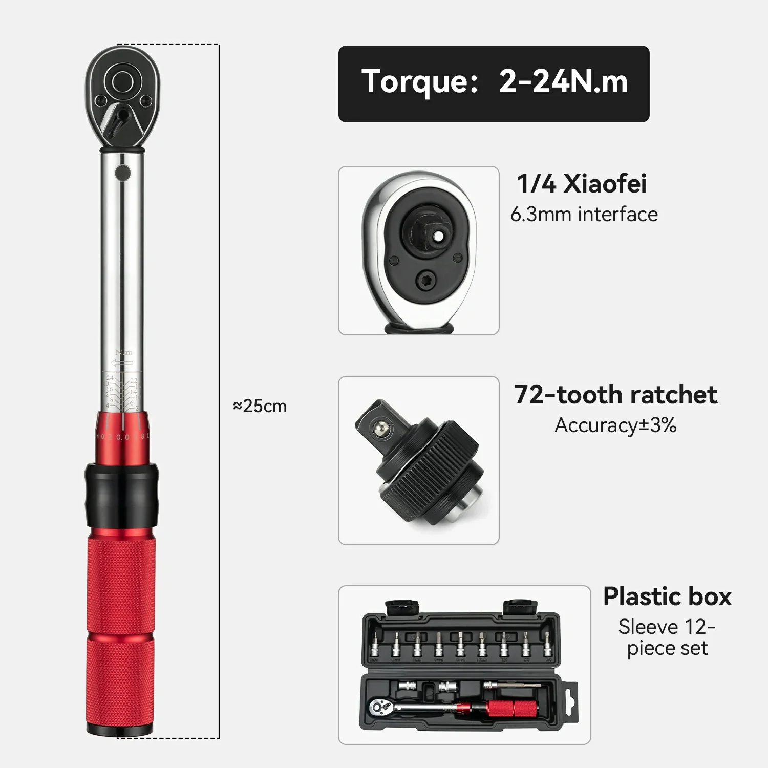 ROCKBROS 1/4 Torque 2–24Nm Micrometer Click Torque Wrench, 72-Tooth Gear Professional Precision ±3%High Accuracy - Image 3