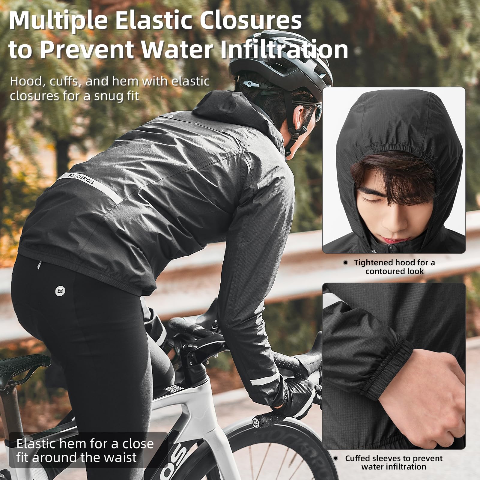 ROCKBROS Men's Waterproof Cycling Rain Jacket with Hood, Lightweight Reflective - Image 3