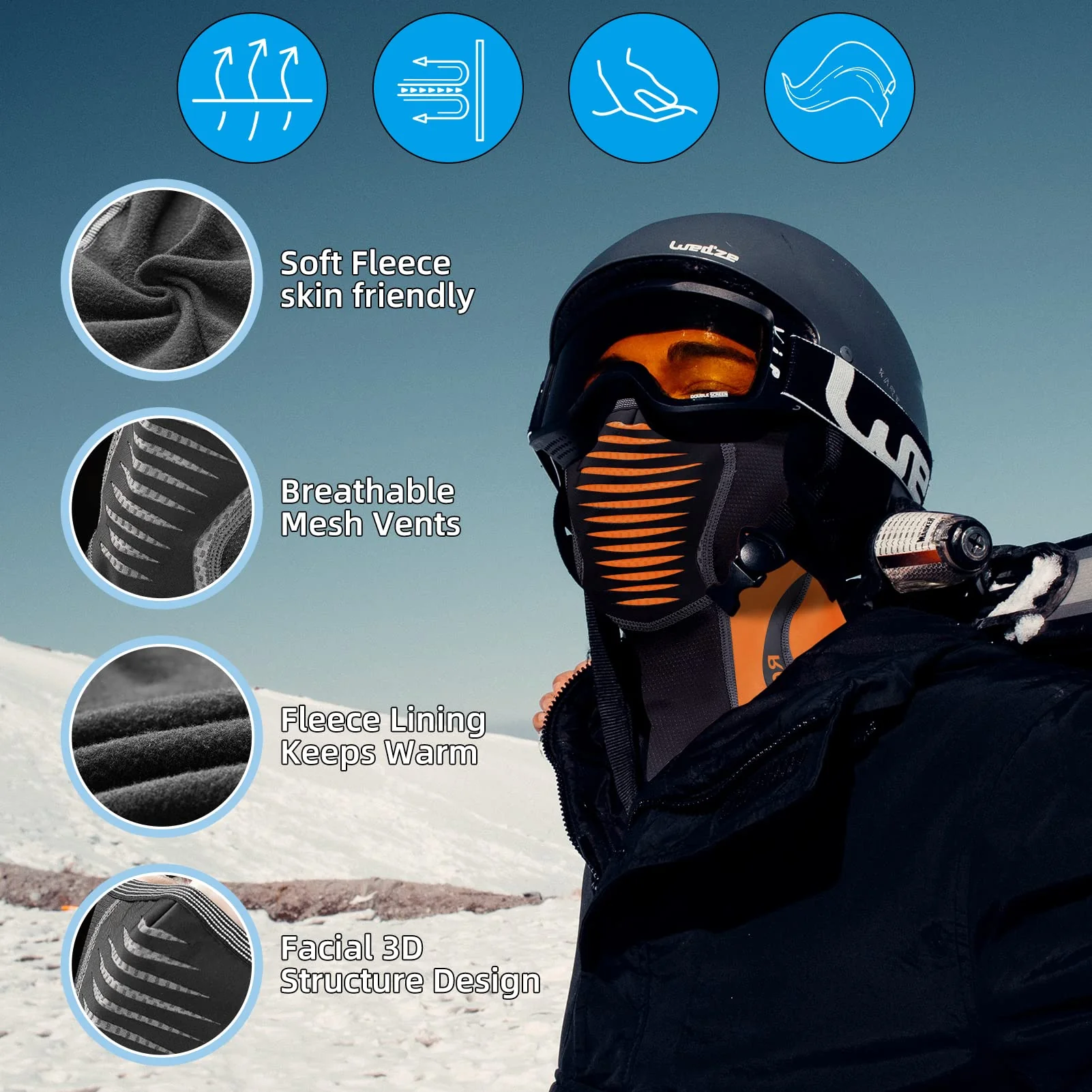 ROCKBROS Ski Mask Winter Balaclava Windproof Fleece Thermal Neck Gaiter - Image 3